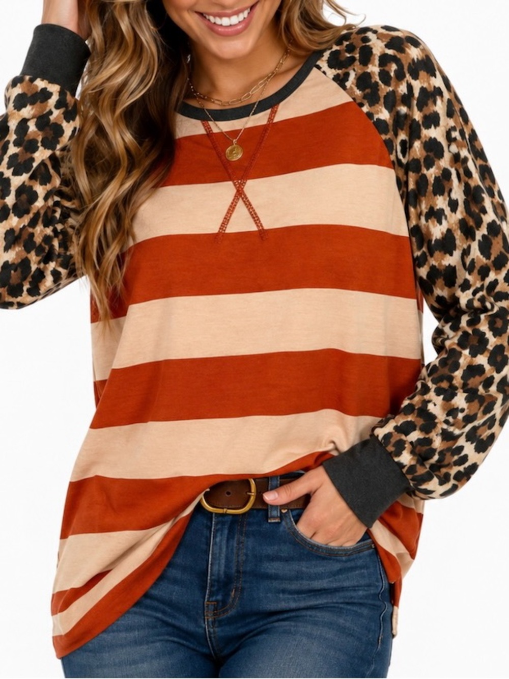 White Birch Striped Leopard Sleeve Knit Tunic Top Rust Beige Fall Colors XL